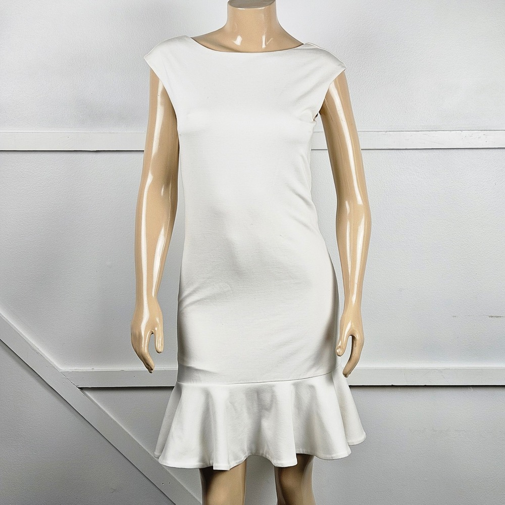 Halston Ivory Ruffle Hem Bodycon Cocktail Dress Boat Neck Size M